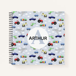 Boys Cute Transport Pattern en Name Kinder Monogra Notitieboek