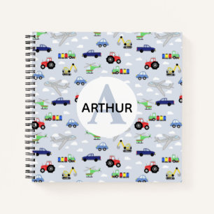 Boys Cute Transport Pattern en Name Kinder Monogra Notitieboek