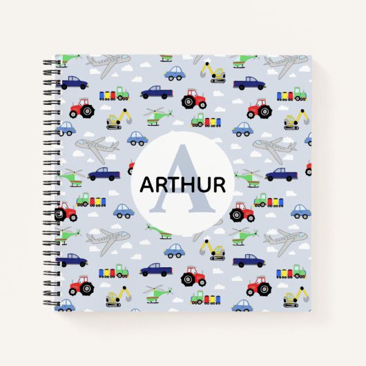 Boys Cute Transport Pattern en Name Kinder Monogra Notitieboek (Voorkant)