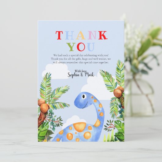Boys Cute Waterverf Dinosaur Oerwoud Baby shower Bedankkaart (Staand voorkant)
