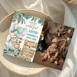 Boys Cute Wild One Safari 1st Birthday Photo Kaart