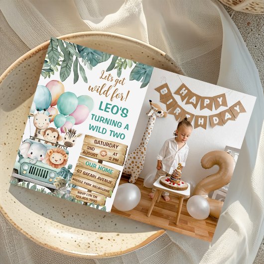 Boys Cute Wild Two Safari 2nd Birthday Photo Kaart