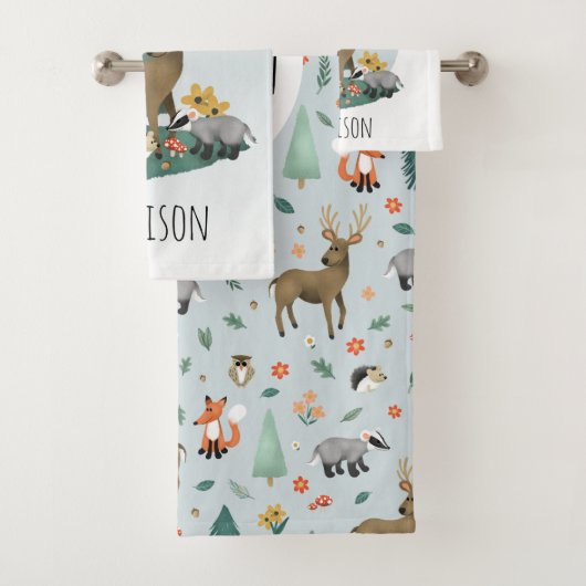 Boys Cute Woodland Forest Animals Kinder Monogram Bad Handdoek (Insitu)