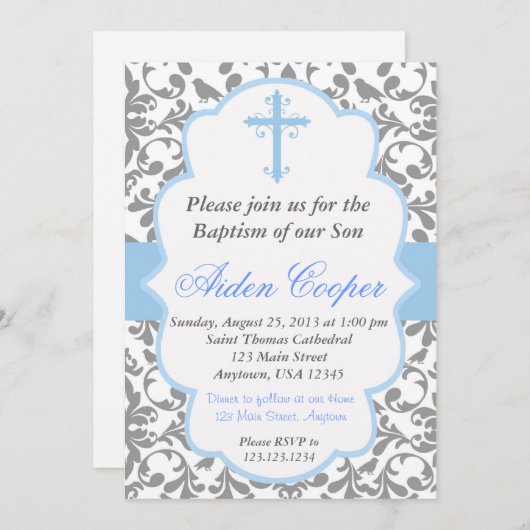 Boys Damask Baptism Invitation Kaart (Voorkant / Achterkant)