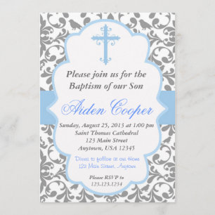 Boys Damask Baptism Invitation Kaart