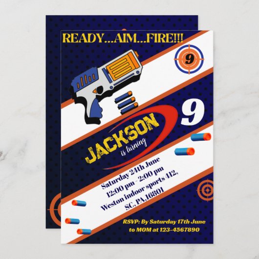 Boys Dart Pistool Verjaardagsfeestuitnodiging Kaart (Voorkant / Achterkant)