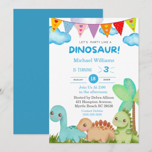 Boys Dinosaur 3rd Birthday Party Kaart (Voorkant / Achterkant)