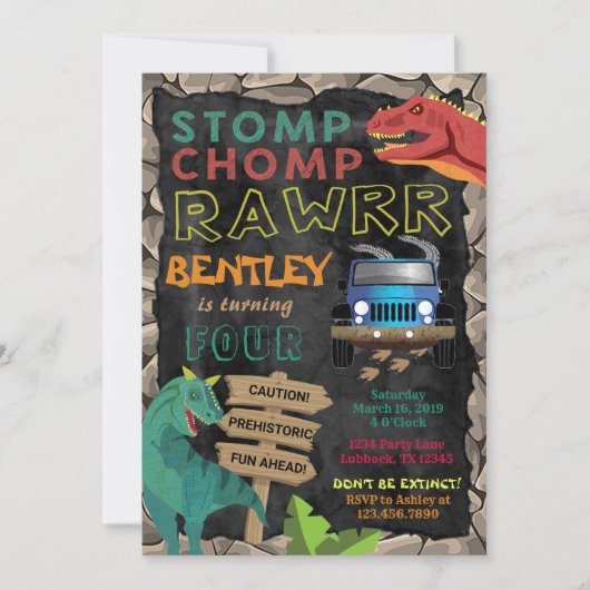 Boys Dinosaur Birthday Party Invitation Kaart (Voorkant)