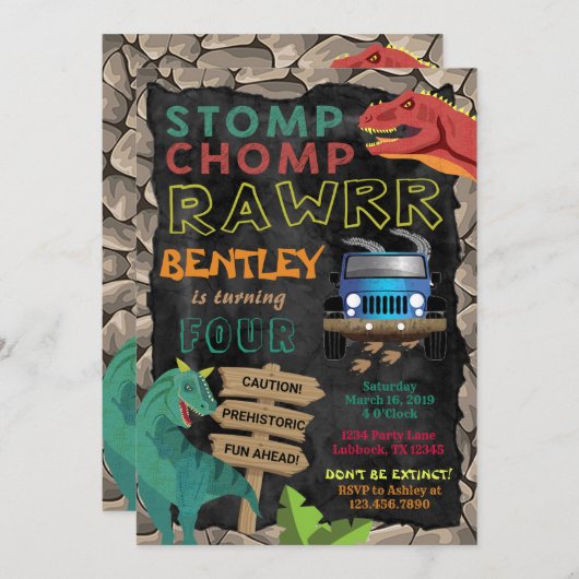 Boys Dinosaur Birthday Party Invitation Kaart (Voorkant / Achterkant)