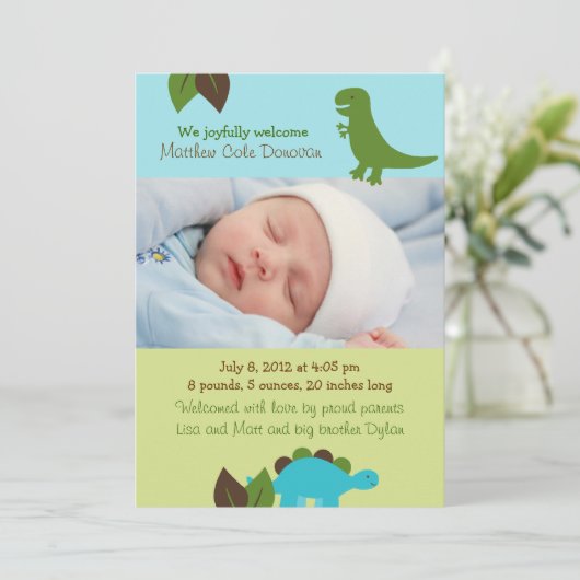 Boys Dinosaur Custom Photo Geboorteaankondiging Aankondiging (Staand voorkant)