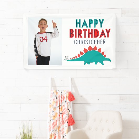Boys Dinosaur Happy Birthday Party Foto Spandoek (Insitu)