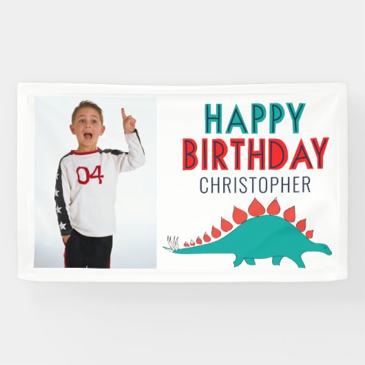 Boys Dinosaur Happy Birthday Party Foto Spandoek (Horizontaal)