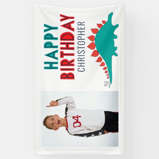 Boys Dinosaur Happy Birthday Party Foto Spandoek (Verticaal)