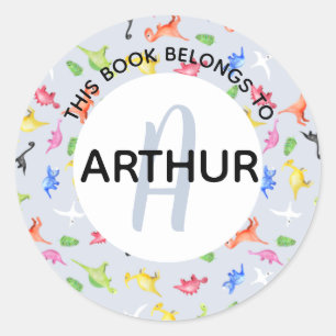 Boys Dinosaur Monogram en Name Bookplate Ronde Sticker