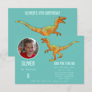 Boys Dinosaur Velociraptor 6th Birthday Blauwgroen Kaart