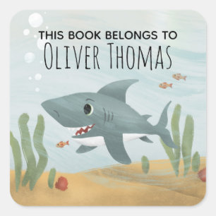 Boys "Dit boek behoort tot de Blauwe Shark Kinder  Vierkante Sticker