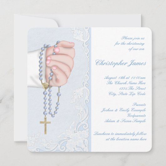 Boys Elegant Baby Blue Rosary Christening Kaart (Voorkant)