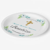 Boys Elegant Blue Floral Bautizo Papieren Bordje (Gekanteld)