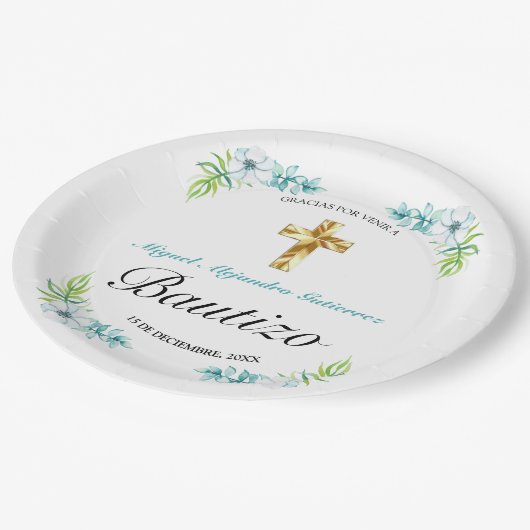 Boys Elegant Blue Floral Bautizo Papieren Bordje (Gekanteld)