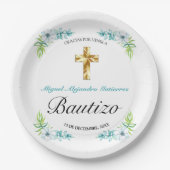 Boys Elegant Blue Floral Bautizo Papieren Bordje (Voorkant)