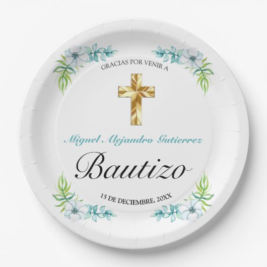 Boys Elegant Blue Floral Bautizo Papieren Bordje (Voorkant)