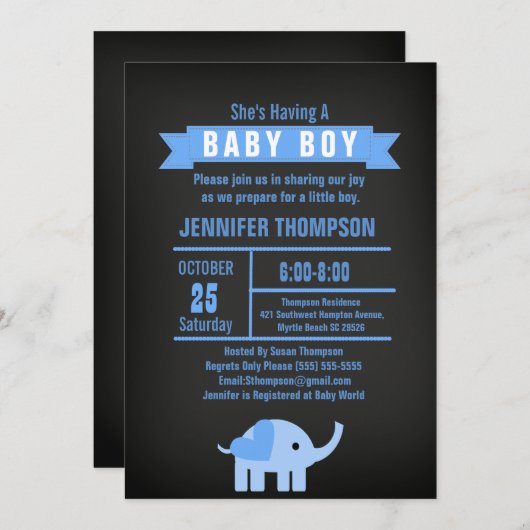 Boys Elephant Baby shower Chalkboard Kaart (Voorkant / Achterkant)