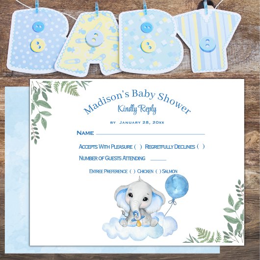 Boy's Elephant Baby shower Response Kaart