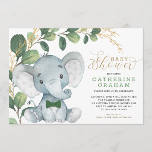 Boys Elephant Greenery Gold Garden Baby shower Kaart