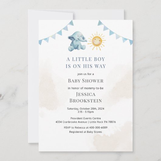 Boys Elephant Sunshine Waterverf Baby shower Kaart (Voorkant)
