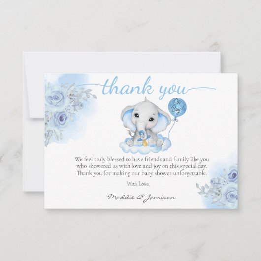 Boy's Elephant Waterverf Bloemen Baby shower Bedankkaart (Voorkant)