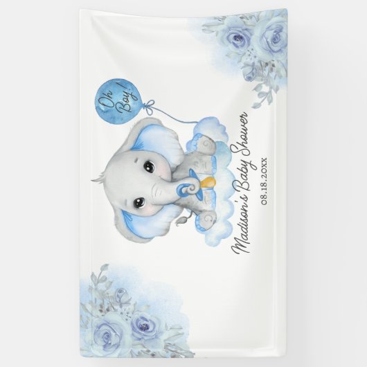 Boy's Elephant Waterverf Bloemen Baby shower Spandoek (Verticaal)