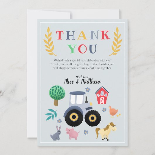 Boys Farm Animals & Blue Tractor Baby shower Bedankkaart (Voorkant)