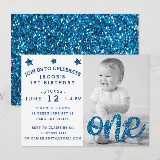 Boys First Birthday Blue Glitter Foto Kaart (Voorkant / Achterkant)