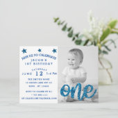 Boys First Birthday Blue Glitter Foto Kaart (Staand voorkant)