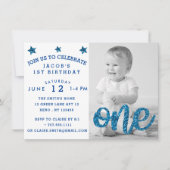 Boys First Birthday Blue Glitter Foto Kaart (Voorkant)