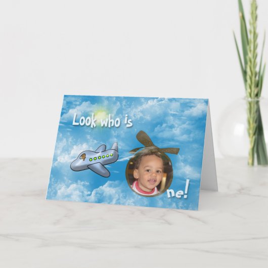 Boy's First Birthday with airplane and photo frame Kaart (Voorkant)