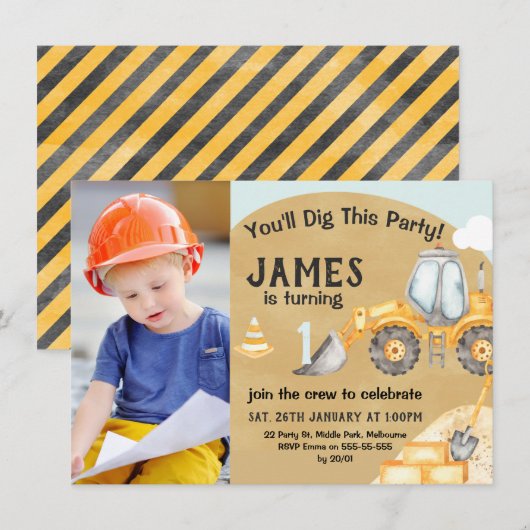 Boys Foto Construction Excavator 1e verjaardag Kaart (Voorkant / Achterkant)