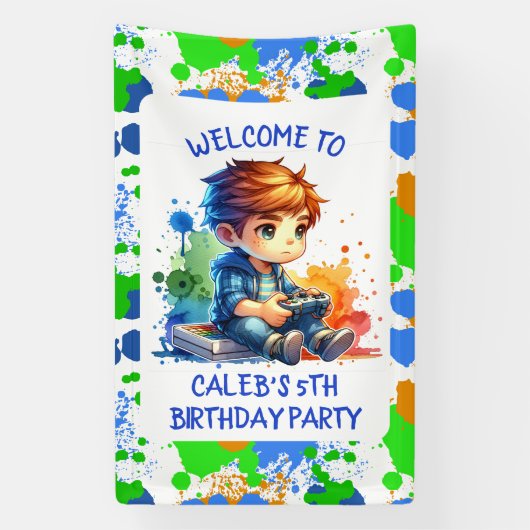 Boy's Gaming Welkom gepersonaliseerde verjaardag Spandoek (Verticaal)