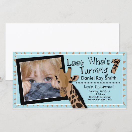 Boys Giraffe First Birthday Party Invitation (Voorkant / Achterkant)