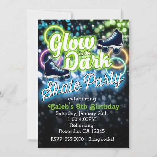 Boys GLOW in dark SCHAATS party Birthday Invitatio Kaart (Voorkant)