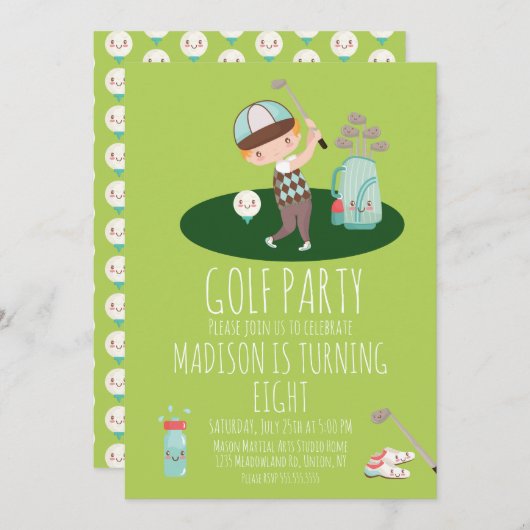 Boys Golf Cute Birthday Party Invitation Kaart (Voorkant / Achterkant)