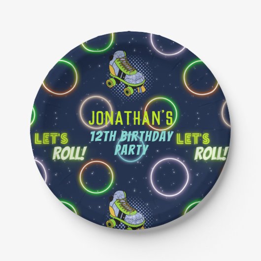 Boys Green Blue Neon Lights Roller SkateParty Papieren Bordje (Voorkant)