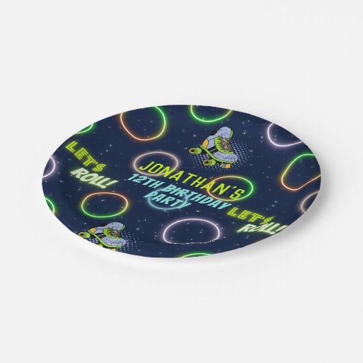 Boys Green Blue Neon Lights Roller SkateParty Papieren Bordje (Gekanteld)