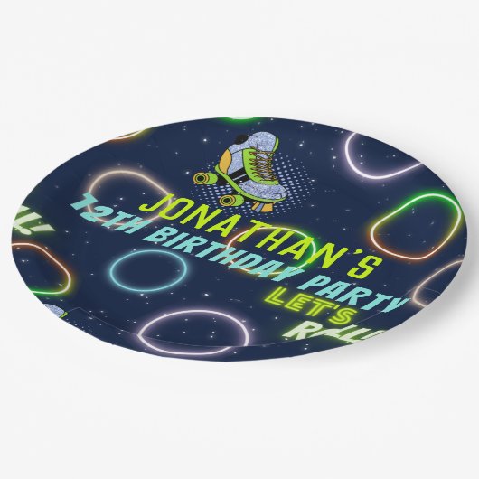 Boys Green Blue Neon Lights Roller Skating Papieren Bordje (Gekanteld)