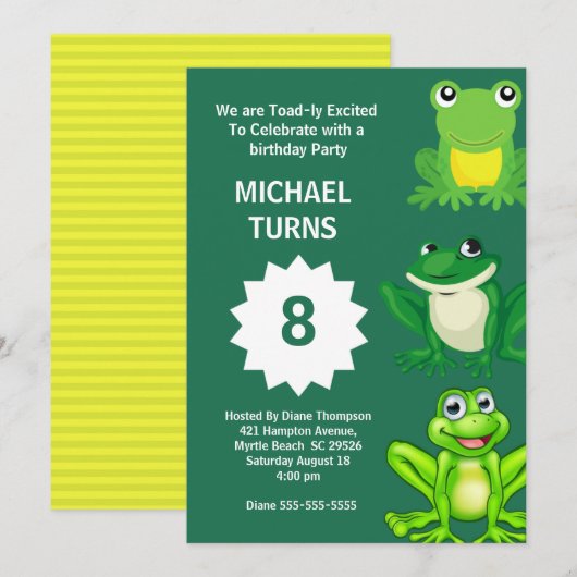 Boys Green Frogs Birthday Party Any Age Invitation Kaart (Voorkant / Achterkant)