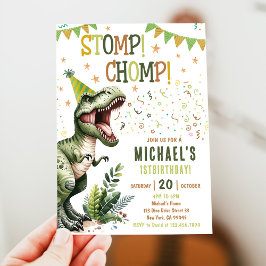 Boys Green Stomp Chomp Roar Dinosaur 1st Birthday Kaart