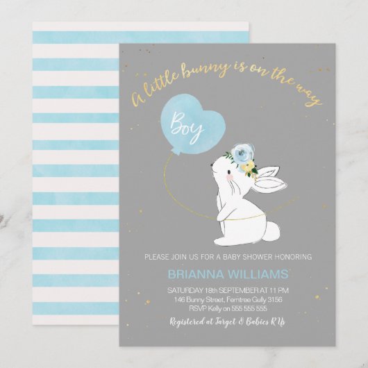 Boys Grey Blue Bunny Baby shower-uitnodiging Kaart (Voorkant / Achterkant)