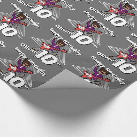 Boys grijze naam 10e verjaardag rockstar - omloop cadeaupapier (Hoek)