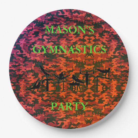 Boys Gymnastics Birthday Party Camo Borden met naa Papieren Bordje (Voorkant)