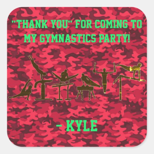BOYS GYMNASTICS BIRTHDAY PARTY PERSONALISEERD VIERKANTE STICKER (Voorkant)